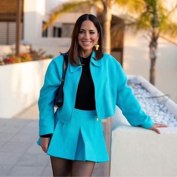 Zara Set - Sky Blue Crop Textured Bomber & Mini Skirt - Picture 6 of 17